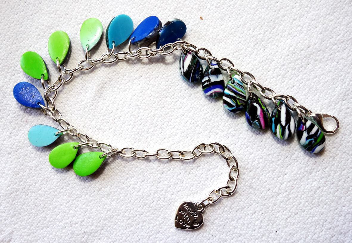 Bracelet gouttes "recto stroppel noir et verso dégradé bleu et vert"